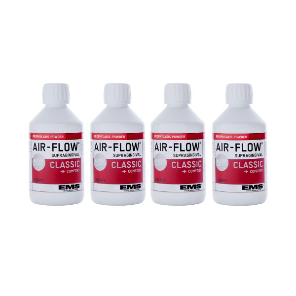 EMS AIR-FLOW CLASSIC COMFORT profylaksepulver med kirsebær-smag i fire flasker med rødt mærkat