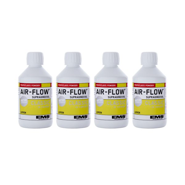 EMS AIR-FLOW CLASSIC COMFORT profylaksepulver med citron-smag i fire flasker med gult mærkat